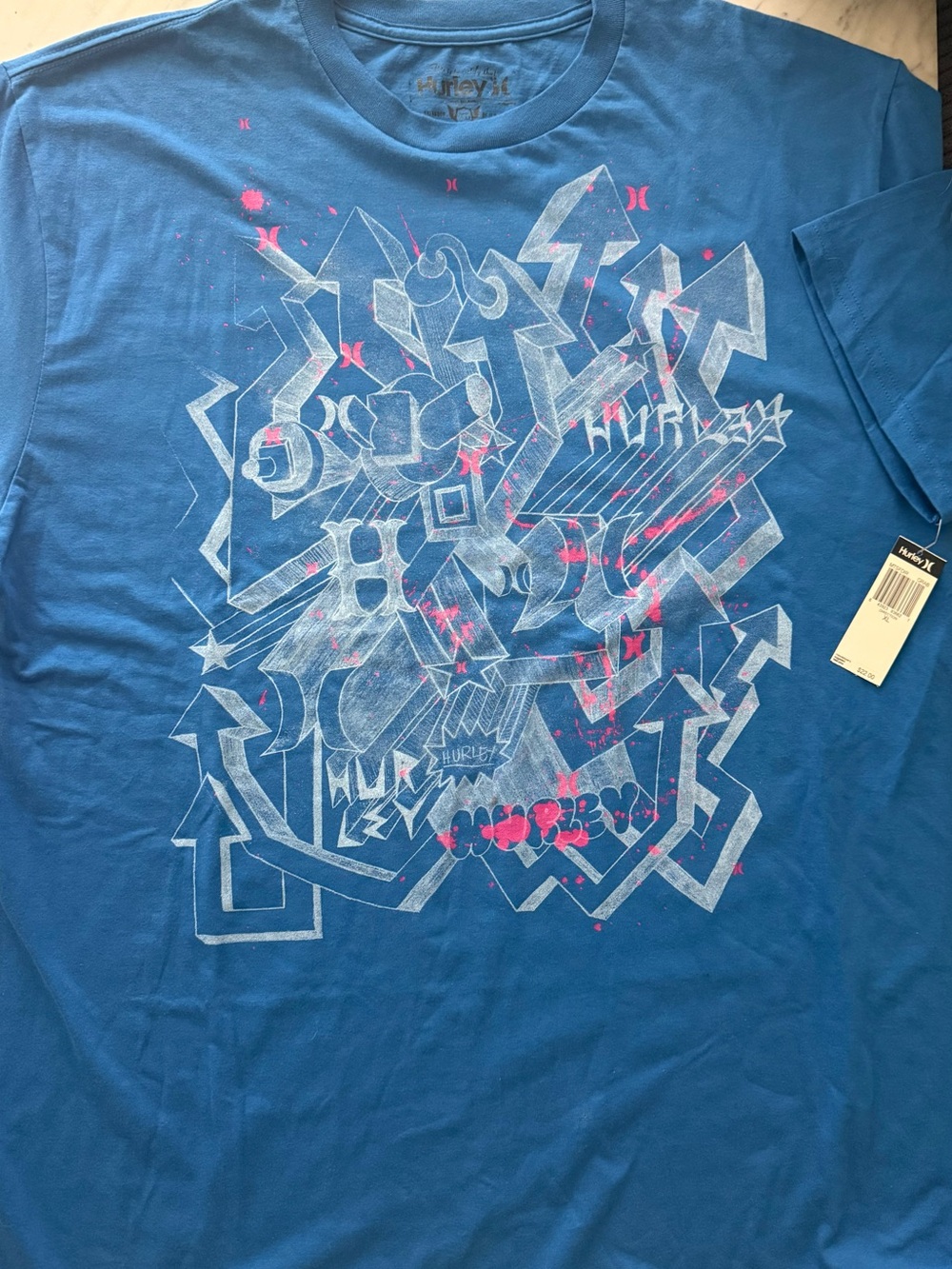 Hurley Blue Short-Sleeve Graphic Tee with Pink Accents